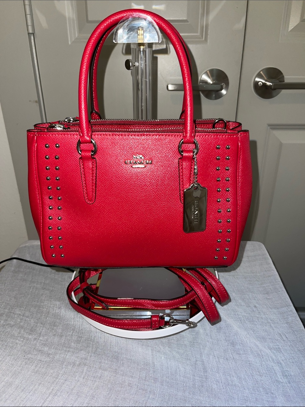 Coach Red Leather Studded Mini Satchel with Detachable Strap
